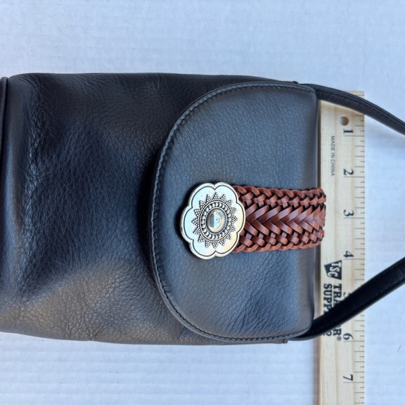 One World by Brighton Black Leather Crossbody Bag Braided Detail Silver Concho - Picture 5 of 8